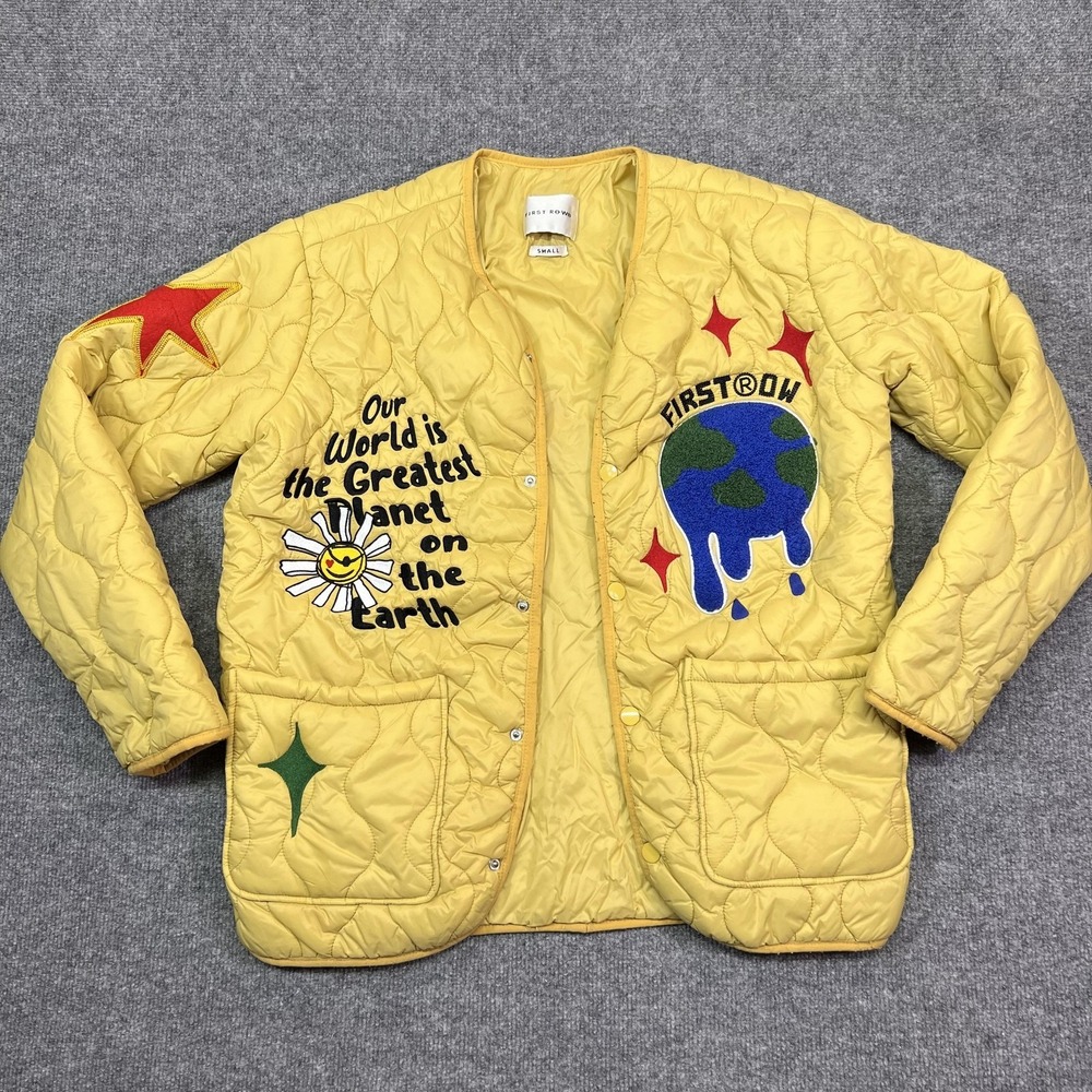 First Row Jacket Mens Small Yellow Quilted Snap Front Planet Graphic FRJ2012
